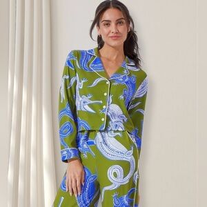 NOLI YOGA-Noiri Dragon Print Pajama Set NWT Olive Green Satin Top & Pants Size M